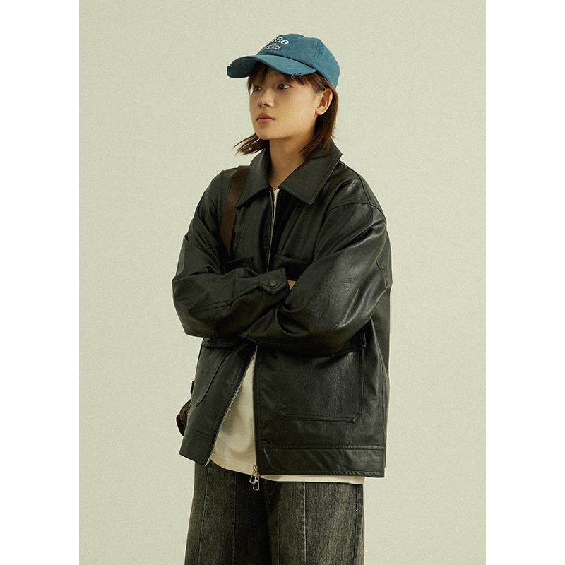 GoodNorth日系复古翻领外套中性男女同款皮夹克宽松帅气皮衣上衣,淘宝优惠券,粉丝福利购,淘宝优惠卷