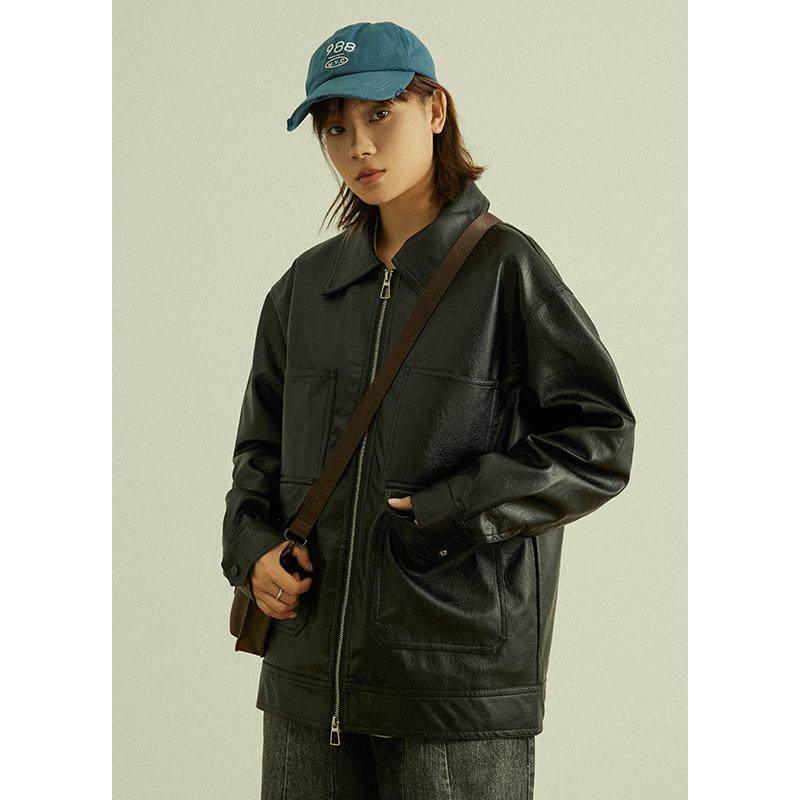 GoodNorth日系复古翻领外套中性男女同款皮夹克宽松帅气皮衣上衣,淘宝优惠券,粉丝福利购,淘宝优惠卷