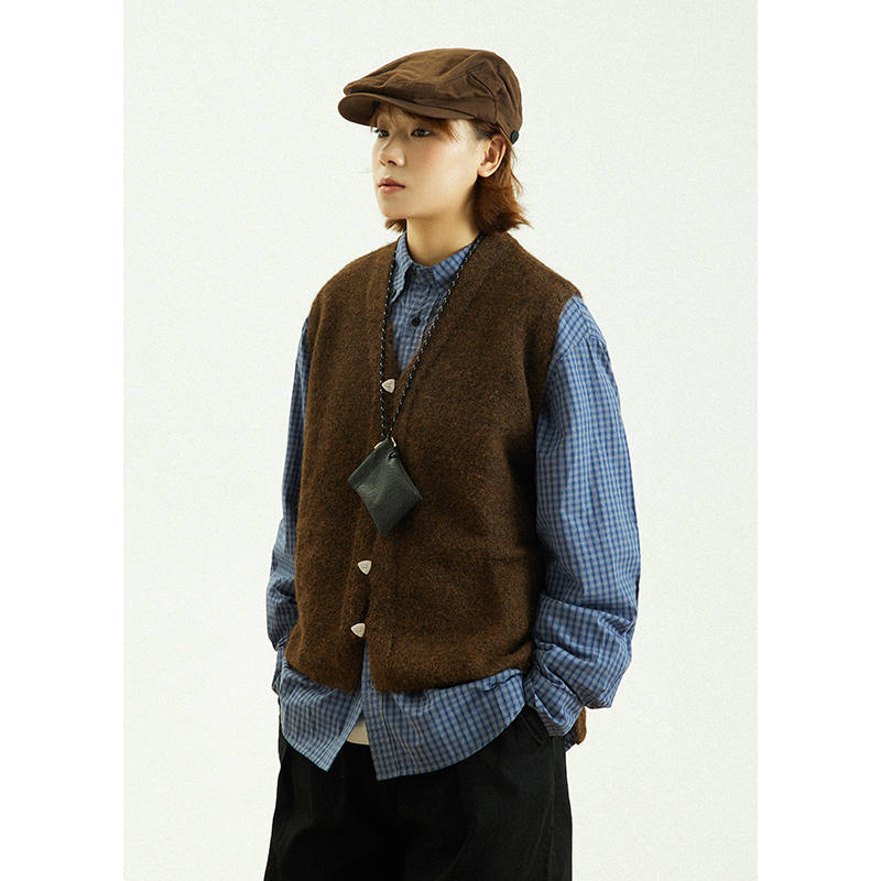 GoodNorth秋冬复古V领针织马甲外套男女同款宽松无袖叠穿坎肩背心 - 图0