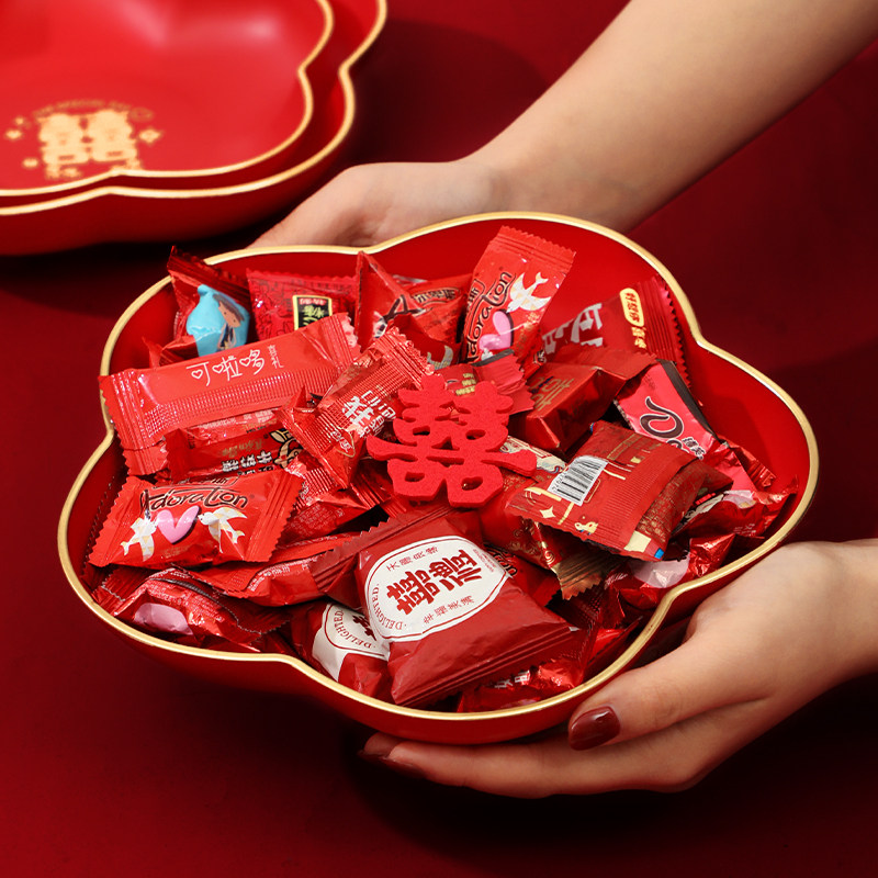 结婚果盘客厅专用红色喜糖盘婚礼用的喜盘子订婚网红干果盘摆件