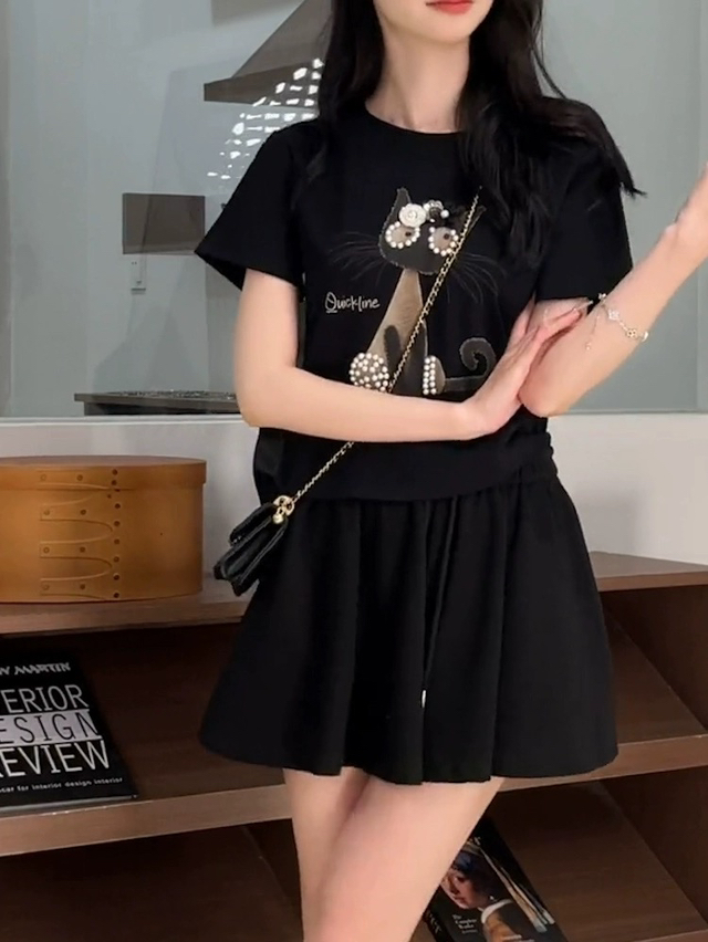 3.18~90067春装新款韩版短款修身显瘦卡通小猫印花正肩短袖T恤女 - 图0
