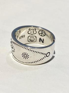925纯银几何花纹印第安开口戒指