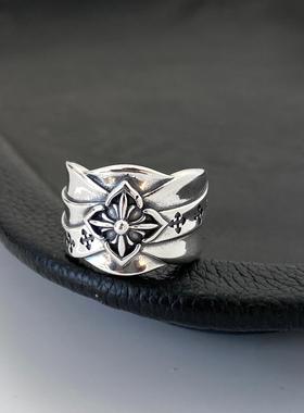 男女925纯银十字架朋克开口戒指