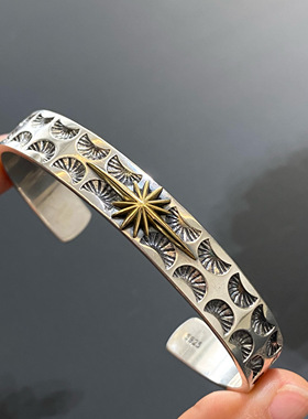 欧美男925纯银光芒开口手镯