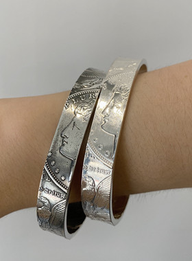 不同银匠 原创925纯银摩根币花纹窄版开口手镯潮酷男女情侣款手环
