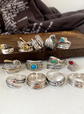 情侣925纯银泰银羽毛叶子戒指