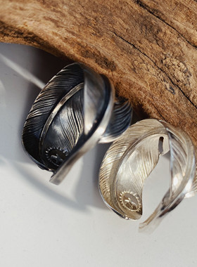复古925纯银羽毛叶子开口戒指男