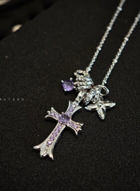 925纯银紫色锆石十字锁骨链