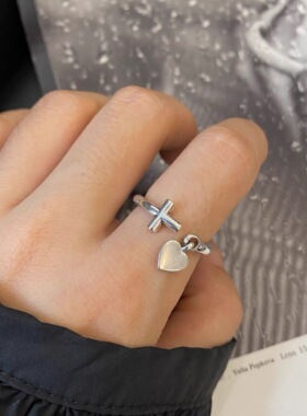韩国925纯银小众十字爱心女戒