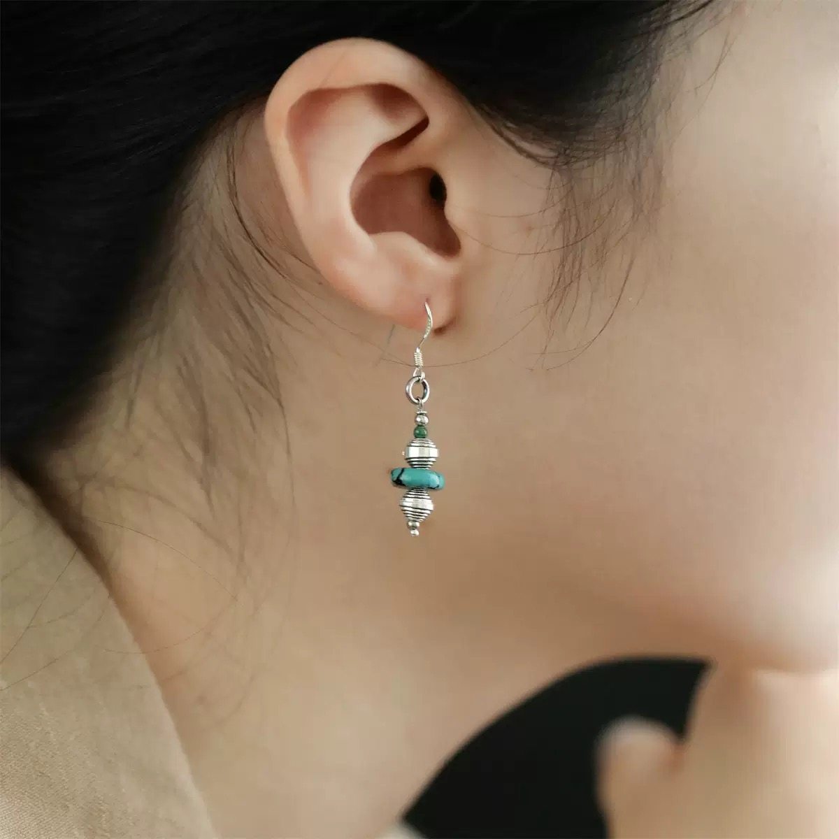 不同银匠 通体925纯银复古螺旋转运珠天然绿松石耳坠民族风耳环钉,淘宝优惠券,粉丝福利购,淘宝优惠卷