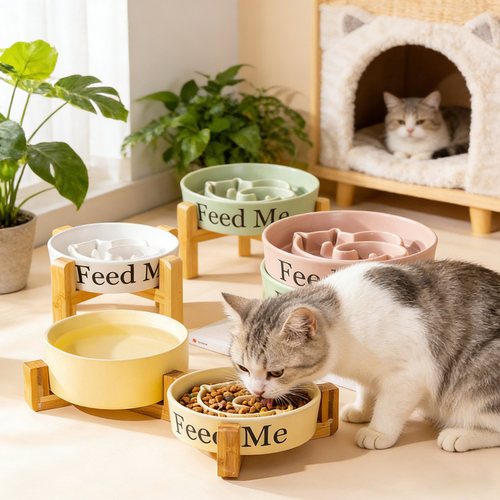 陶瓷慢食碗猫小狗防黑下巴易清洗宠物高脚碗木架食盆喂食防噎护颈 - 图0