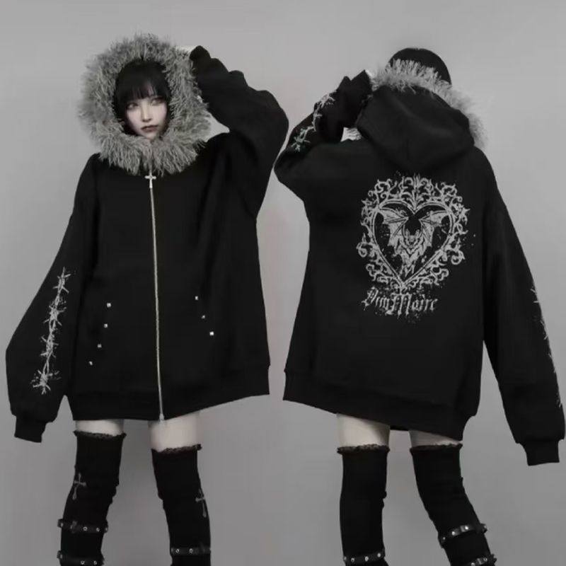 日系暗黑复古辣妹y2k毛领连帽外套秋冬卫衣宽松印花加绒长袖开衫,淘宝优惠券,粉丝福利购,淘宝优惠卷