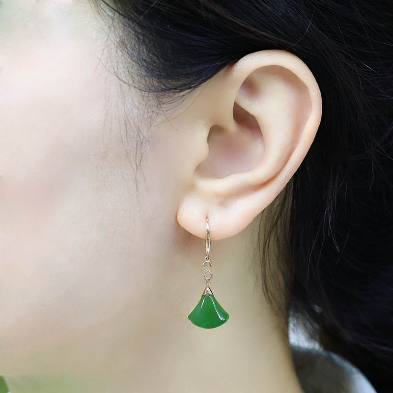 双十一特惠天然和田玉耳环菠菜绿碧玉扇形镶嵌18k金耳坠a货送老婆 - 图0