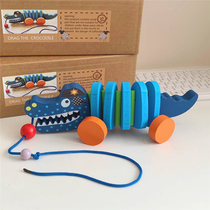 Export Beauty Suboriginal Dress Blue Crocodile Twist Wooden Tug Walking Toy Children Puzzle Toys