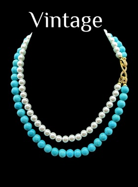 中古Vintage复古绿松石珍珠混搭耳钉项链可拆卸多戴款个性颈链