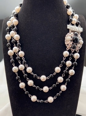 中古Vintage多层珍珠黑白色撞色短款项链奢华个性百搭款气质网红