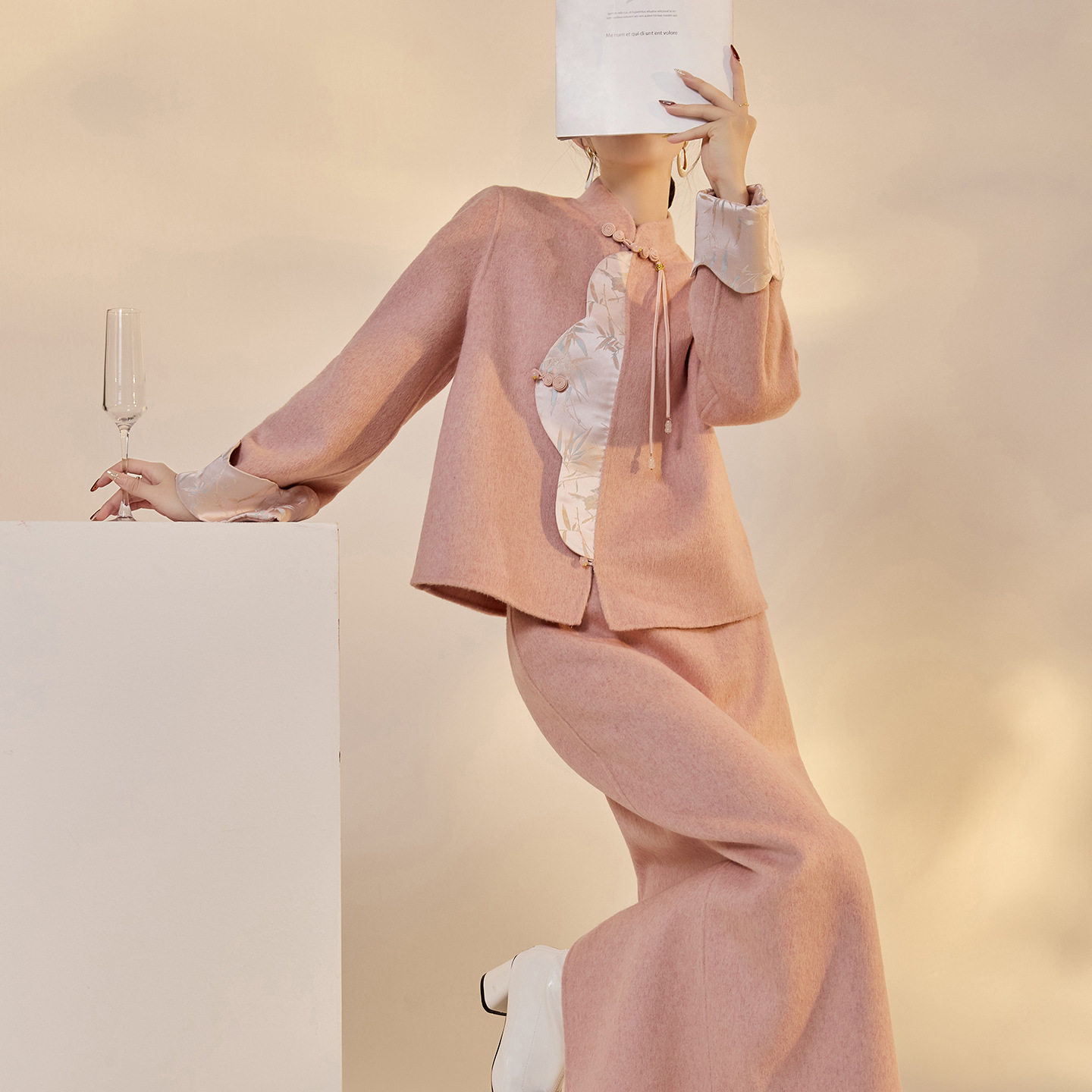 高端版国风优雅拼贴竹叶印花羊毛套装秋冬毛呢外套开叉半裙两件套,淘宝优惠券,粉丝福利购,淘宝优惠卷