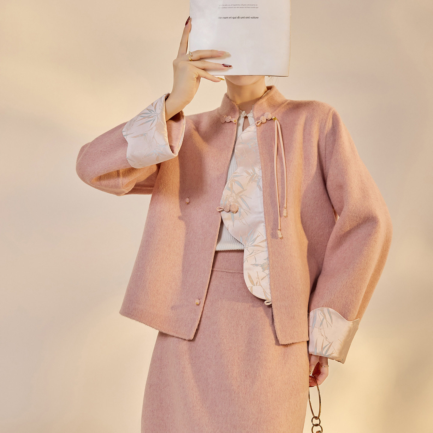 高端版国风优雅拼贴竹叶印花羊毛套装秋冬毛呢外套开叉半裙两件套,淘宝优惠券,粉丝福利购,淘宝优惠卷