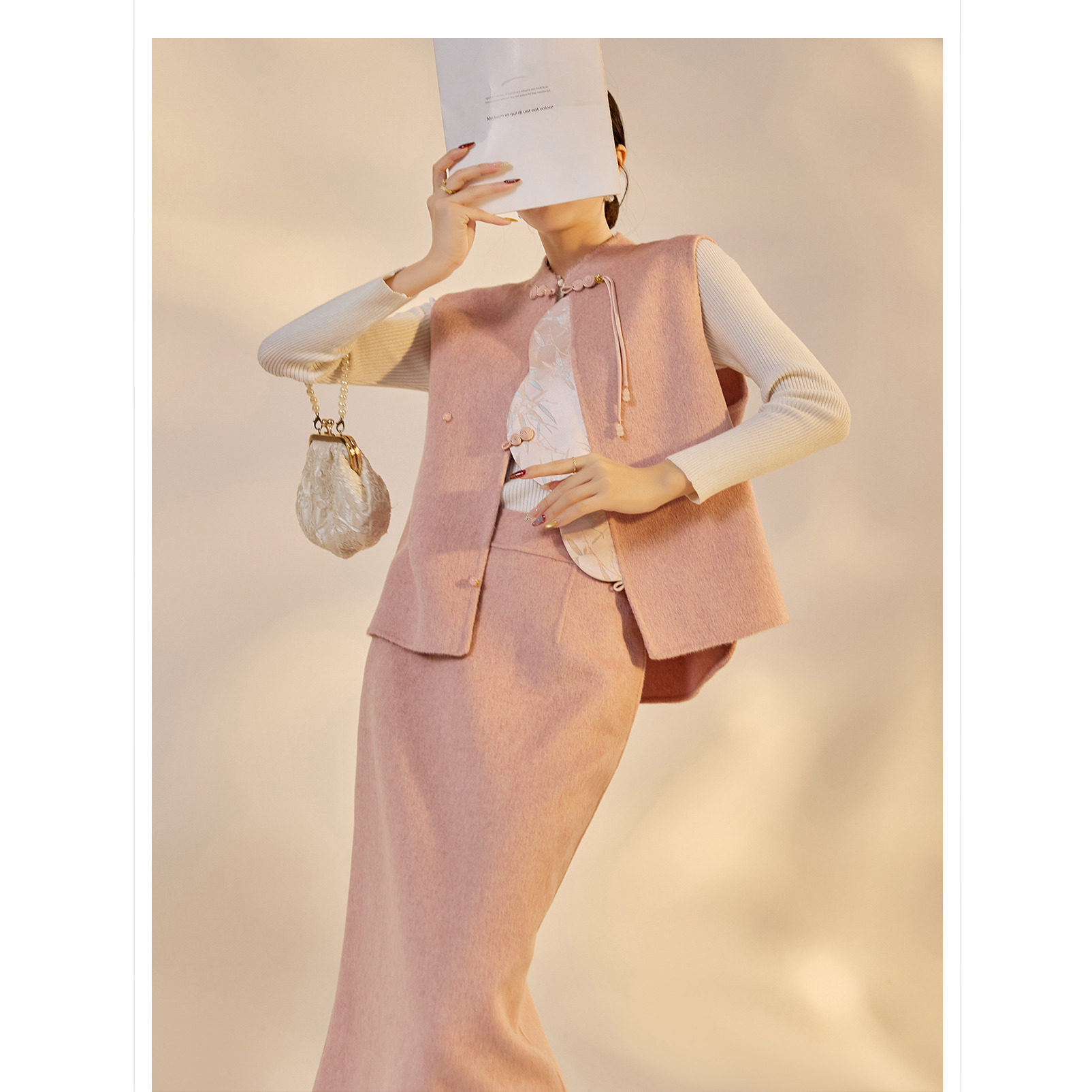 高端版温柔粉色国风套装秋冬羊毛立领盘扣斜襟马甲半身裙两件套女,淘宝优惠券,粉丝福利购,淘宝优惠卷