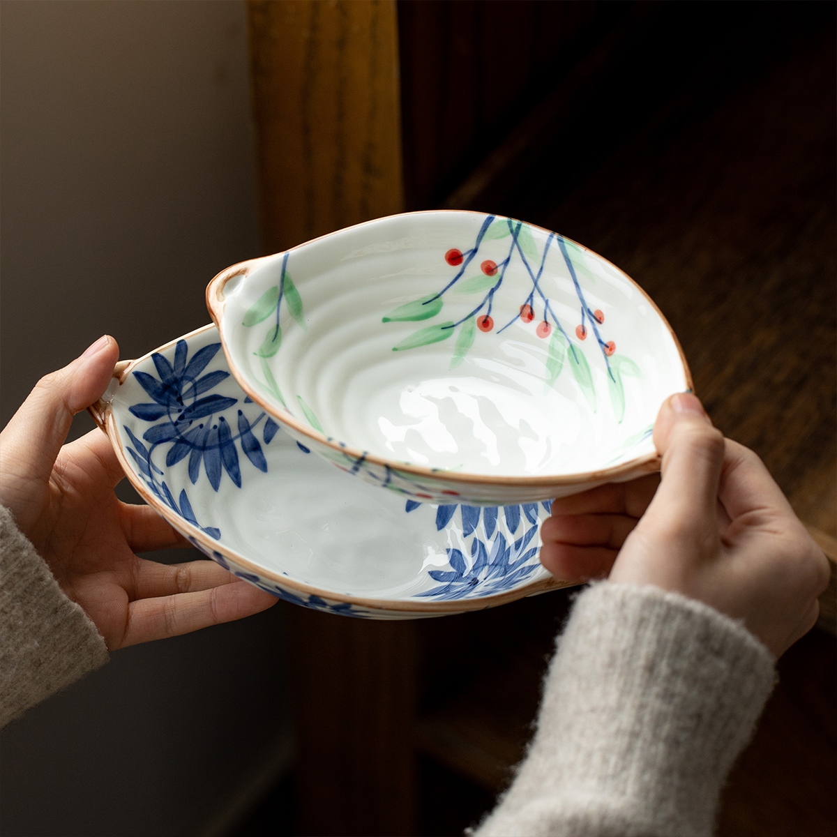 日本进口美浓烧手绘葡萄陶瓷双耳深盘日式点心碟干果盘前菜碗骨碟 - 图2