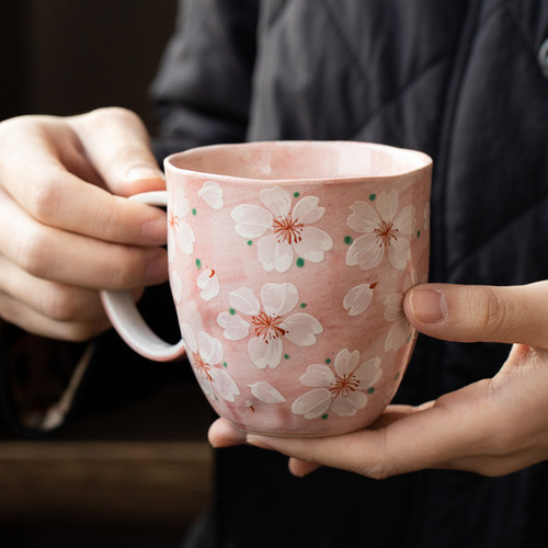 日本进口美浓烧手绘樱花粉马克杯情侣对杯礼物日式咖啡杯礼物水杯 - 图2
