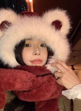 小熊毛绒三合一护耳防风保暖套装