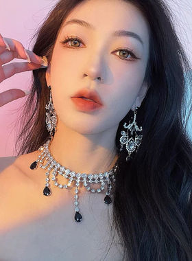 满钻超闪名媛风轻奢黑色水滴流苏项链女小众高级感宴会颈链锁骨链