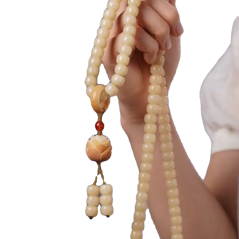 天然玉化菩提根奶黄单圈手串高密108颗桶珠手链炭烧莲花吊坠文玩 - 图3