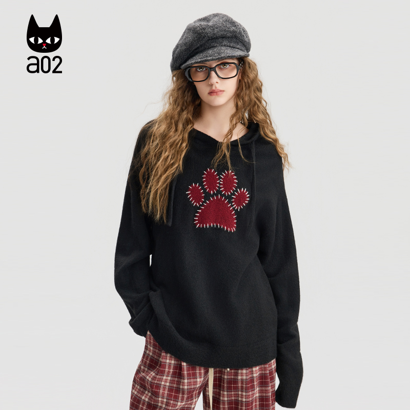 a02宽松灰色连帽针织衫女2025新款秋季通勤百搭休闲毛衣秋装上衣 - 图3