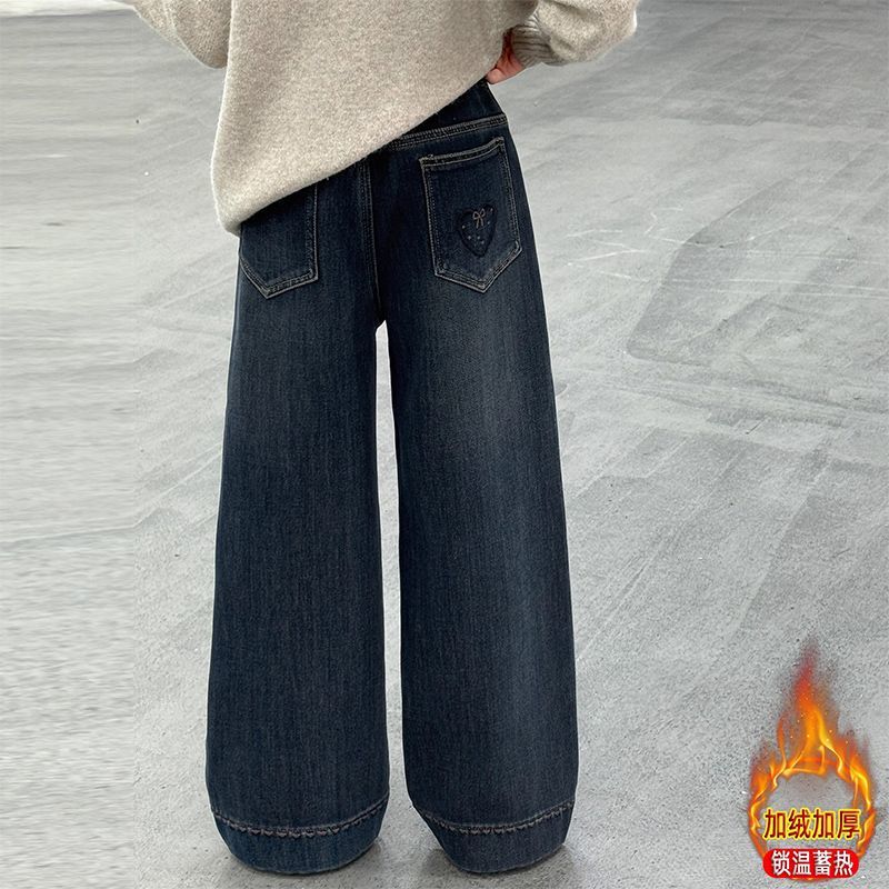 儿童装女童秋冬新款韩版洋气刺绣牛仔裤中大童加厚一体加绒阔腿裤 - 图0