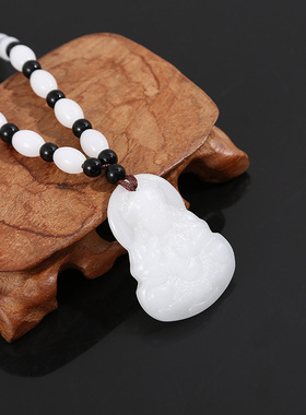 卡卡KA中国风大白玉观音佛吊坠串珠项链 编织抽拉绳 寺庙地摊批发