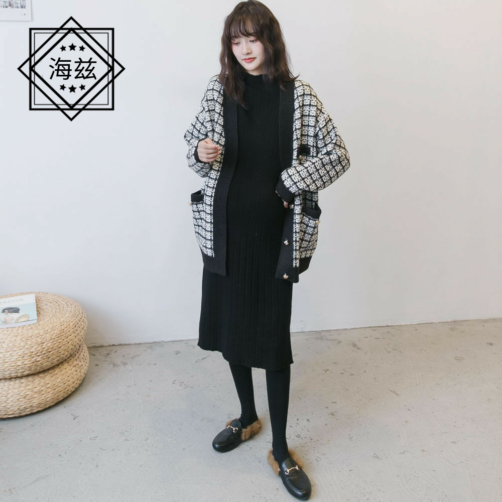 春秋孕妇装韩版孕妇针织格子装开衫 海兹服饰T恤