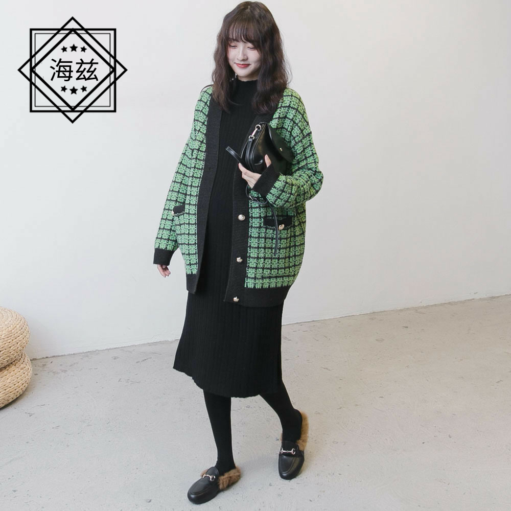 春秋孕妇装韩版孕妇针织格子装开衫 海兹服饰T恤