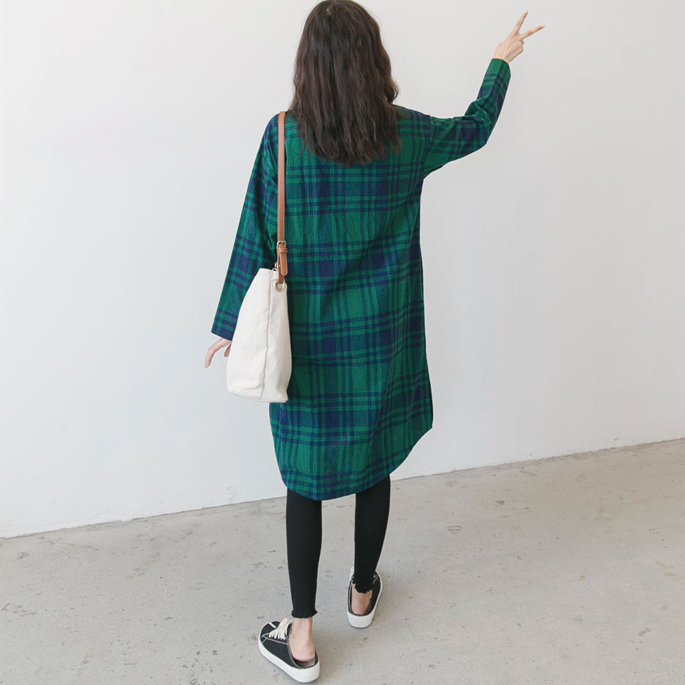 春秋新款孕妇装文艺风立领格子裙 海兹服饰T恤