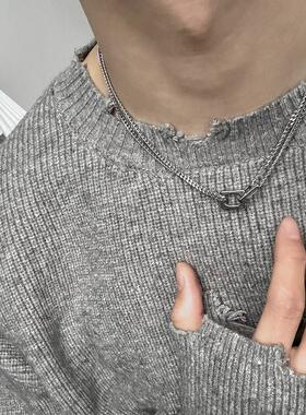 檀健次同款钛钢项链男高级感痞帅潮锁骨链设计小众银色毛衣链配饰