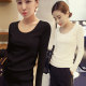 2024 new black t-shirt women's long-sleeved autumn and winter pure cotton slim bottoming shirt round neck v-neck tight inner top T
