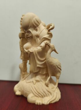 黄杨木雕龟鹤寿星公佛像中式家居装饰工艺品贺寿礼摆件10*6.5*5