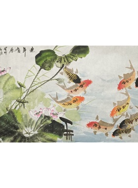 纯手绘国画荷花九鱼图