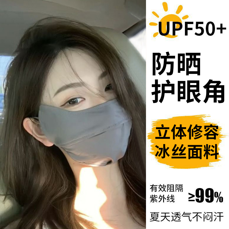 防晒口罩女防紫外线夏季薄款透气高颜值冰丝护眼角无痕遮全脸面罩 - 图0