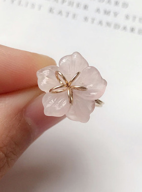 戒指女天然粉晶雕花手工定制进口14K包金水洗不掉色ins冷淡风甜美