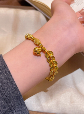 新中式小红书同款沙金五帝钱拉丝葫芦盘缠手串复古百搭福禄手链女