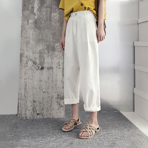 饭馆高腰白色阔腿裤