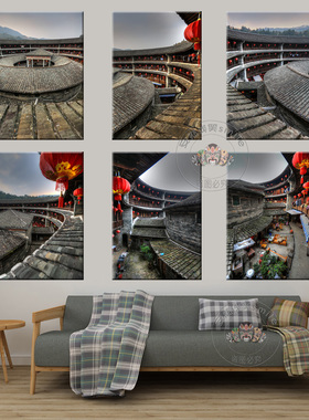 客家文化装饰画福建闽南建筑土楼围龙屋挂画特色民宿客栈餐厅壁画