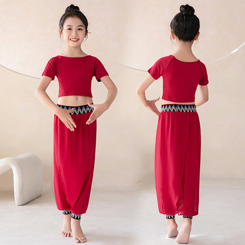 儿童亲子瑜伽舞蹈练功民族风白色枣红纱裤飘逸拍照团体户外表演服 - 图1