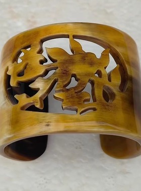 天然牛角手镯宽边复古镂空雕刻