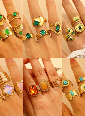 欧美复古夸张松石不锈钢戒指女手饰高级感ins不规则开口指环