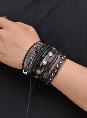 复古多层牛皮朋克手链 树叶星星合金真皮编织饰品 跨境爆款