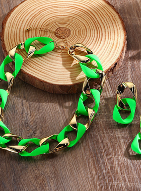 2025新潮欧美风项链女时尚绚丽荧光色CCB亚克力扭纹拼接首饰套装