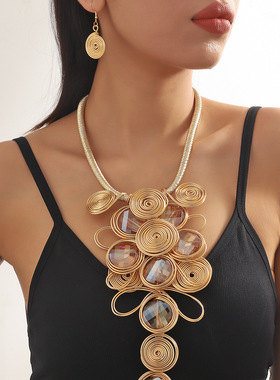 新款波西米亚风欧美夸张项链耳饰三件套necklace women earrings