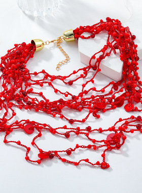 2024新款个性红色多层树脂珊瑚色串珠手工项链女外贸